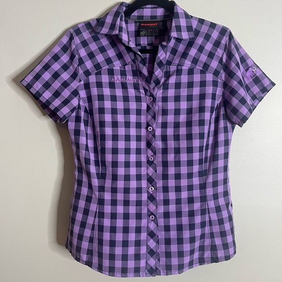 Mammut Size Medium Purple Checkered Short Sleeve Performance Shirt - Picture 1 of 7